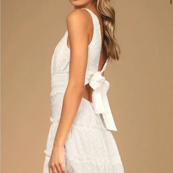 knee length dresses for ladies Embroidered Sleeveless Tie Back Tiered Mini Dress – She la la main image 1